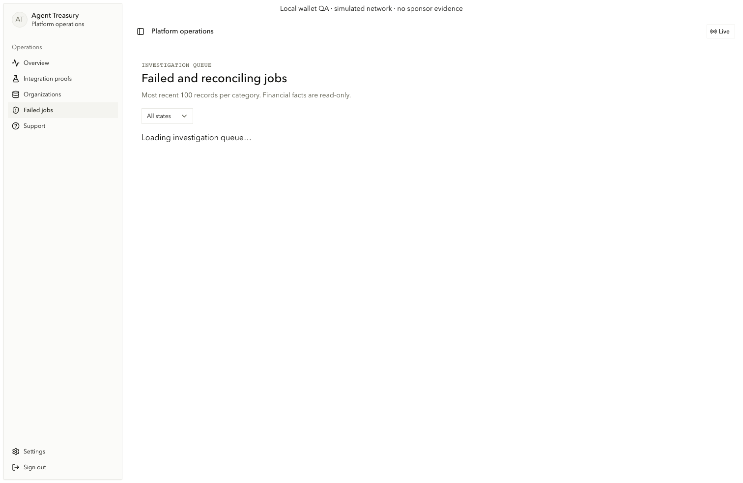Admin failed jobs feed with typed failure and reconciliation details