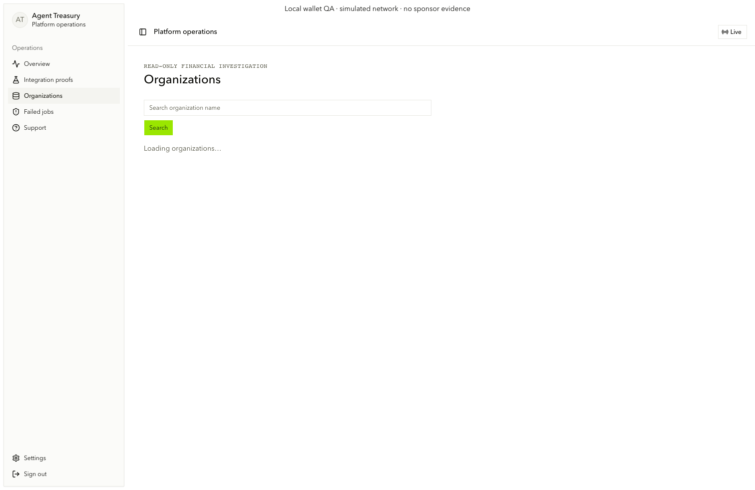 Admin organization search with results and inspection links