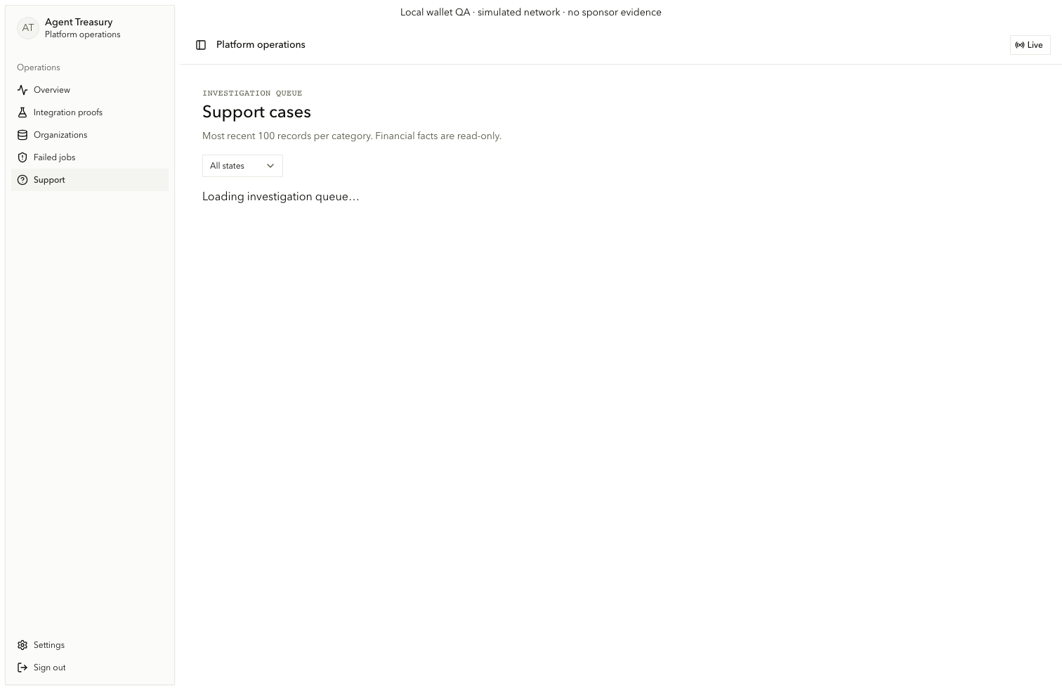 Admin support cases with append-only note and status controls