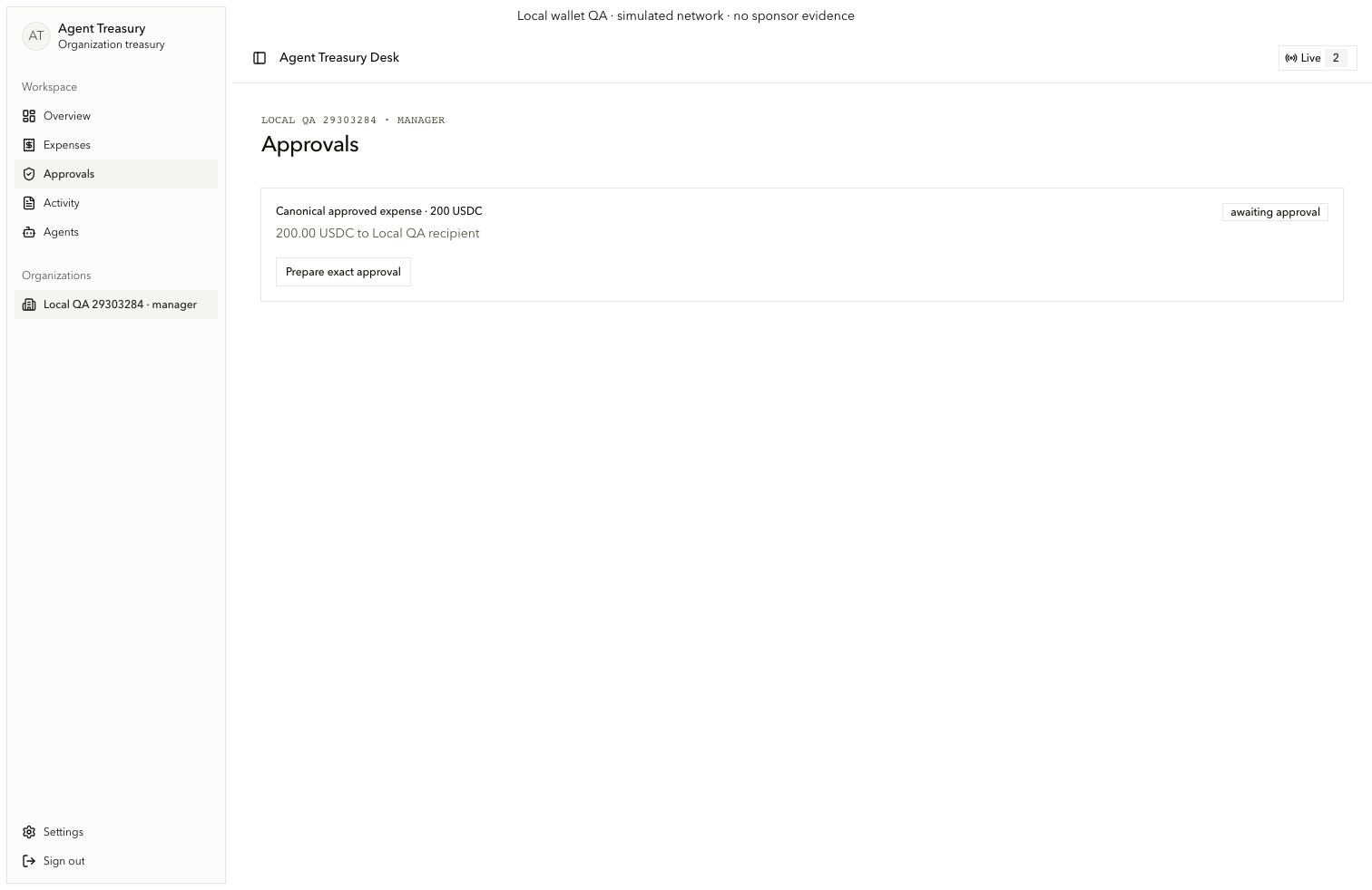 Consumer approvals page with exact revision and wallet approval material