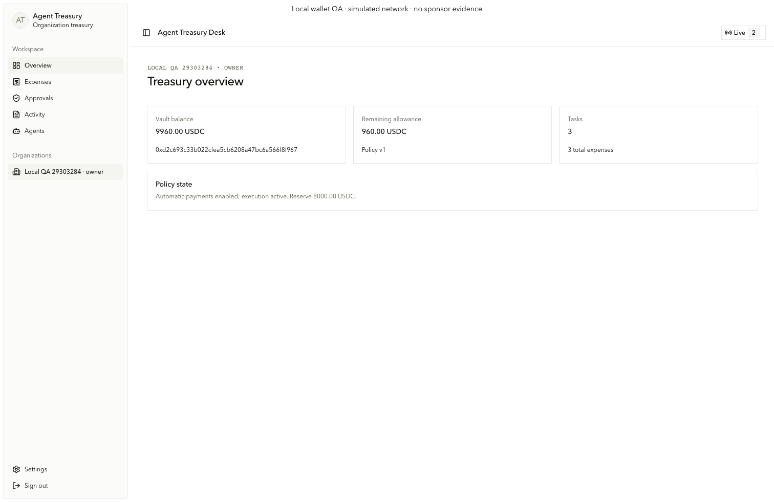 Consumer organization overview showing vault, allowance, tasks, and policy state