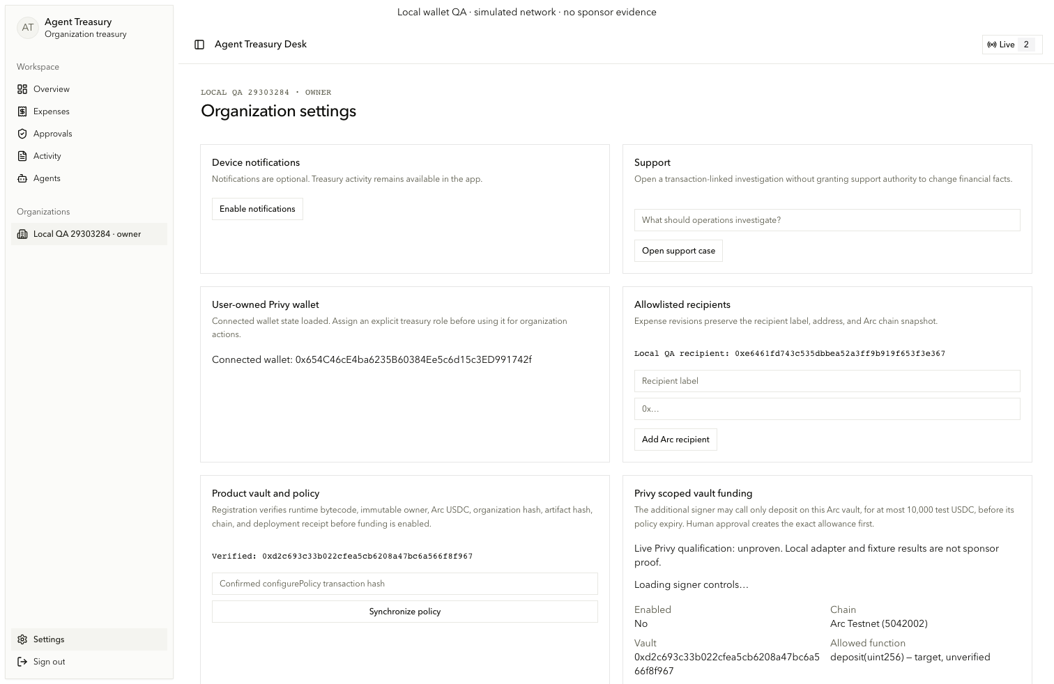 Consumer organization settings with vault, wallet, funding, invitations, and recipient controls