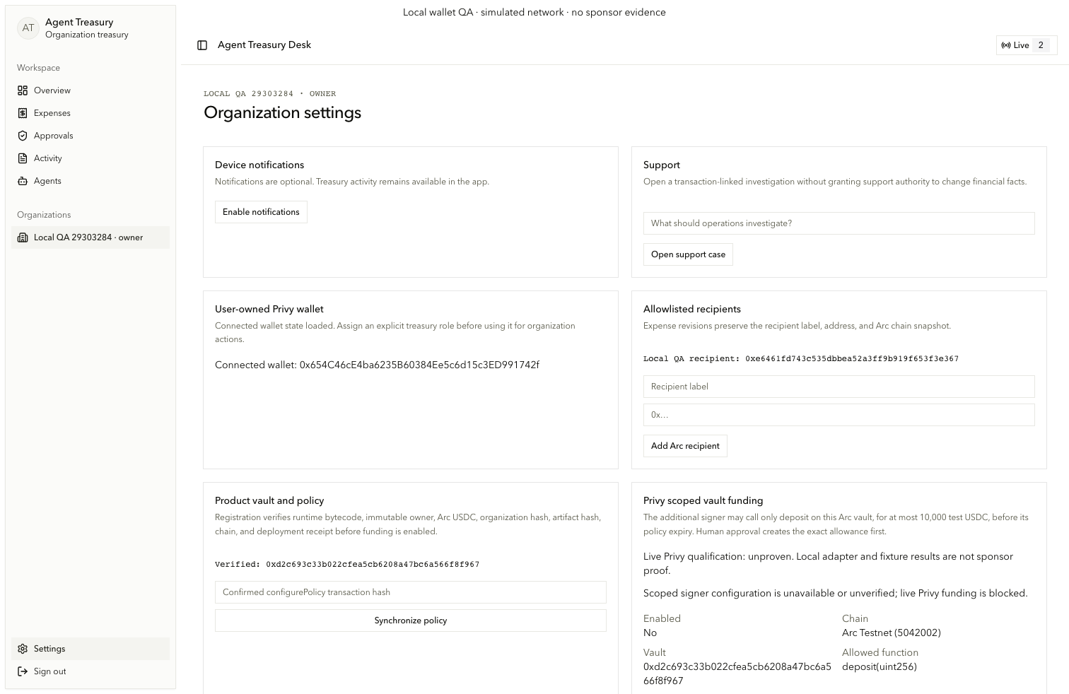 Consumer wallet settings showing scoped signer and provider evidence state